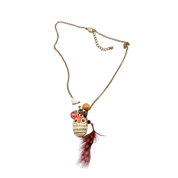 Vintage Owl Pendant Necklace with Feather & Beads in Mixed Materials - Picture 2 of 5